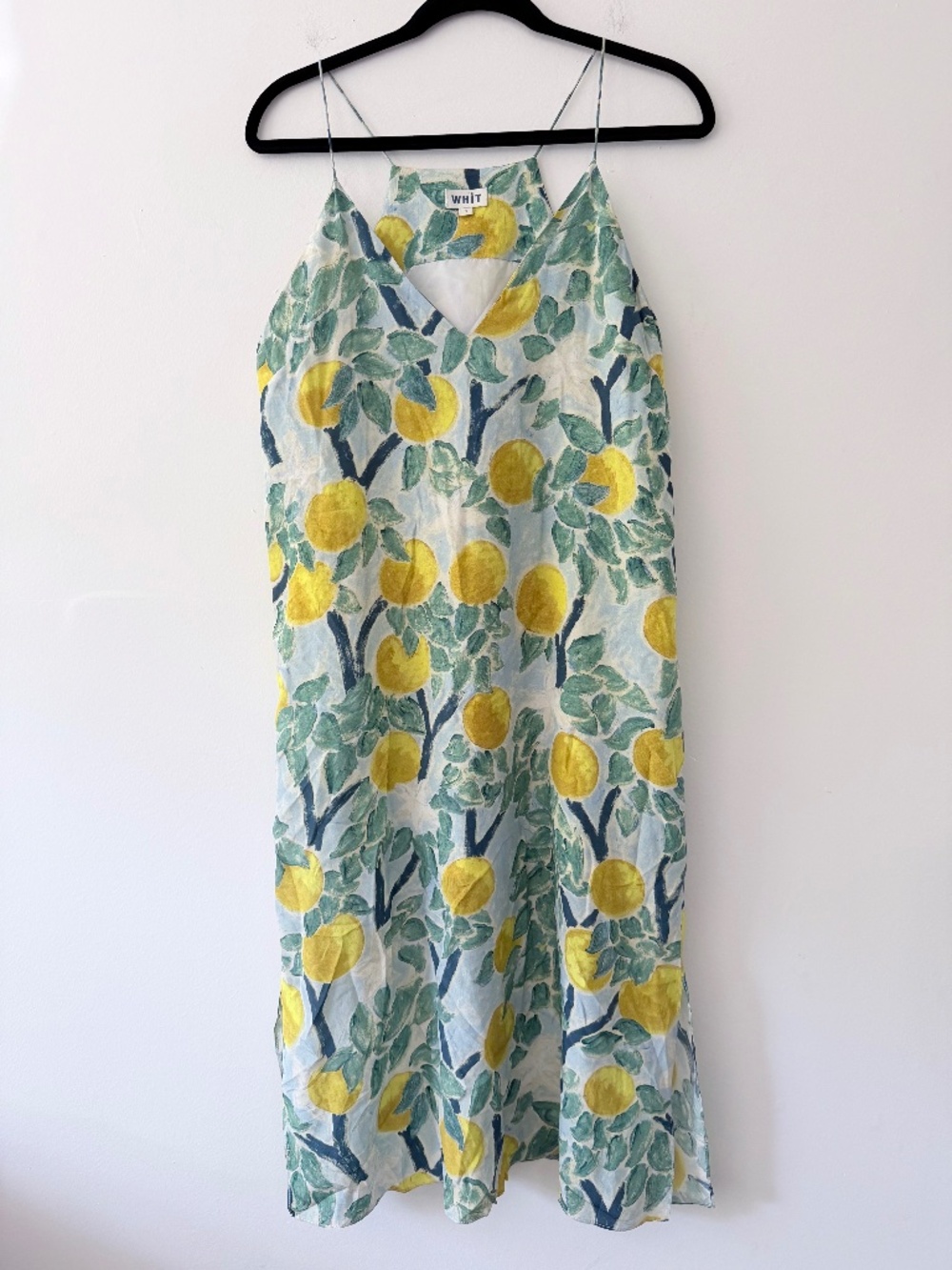 WHIT Silk Slip Dress Lemons Painterly Art to Wear Summer Vacation Beach Coastal